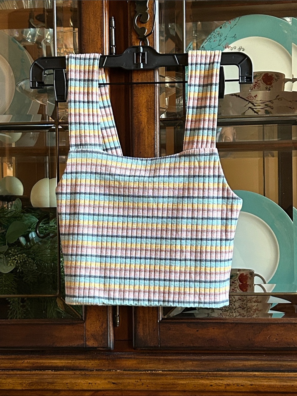 American Eagle Outfitters Ribbed Cropped Tank Top in Pastel Stripe